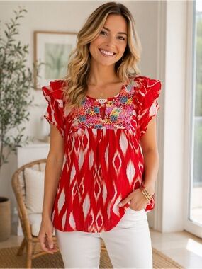 THML Kaleidoscope Embroidered Boho Top | Size Small